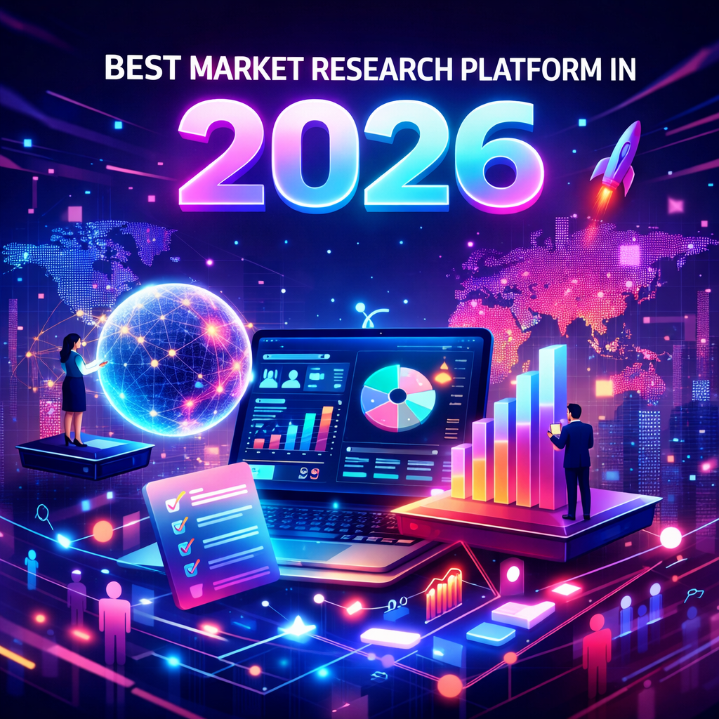 Futuristic market research platform illustration showing data analytics, global survey insights, and digital dashboards in 2026