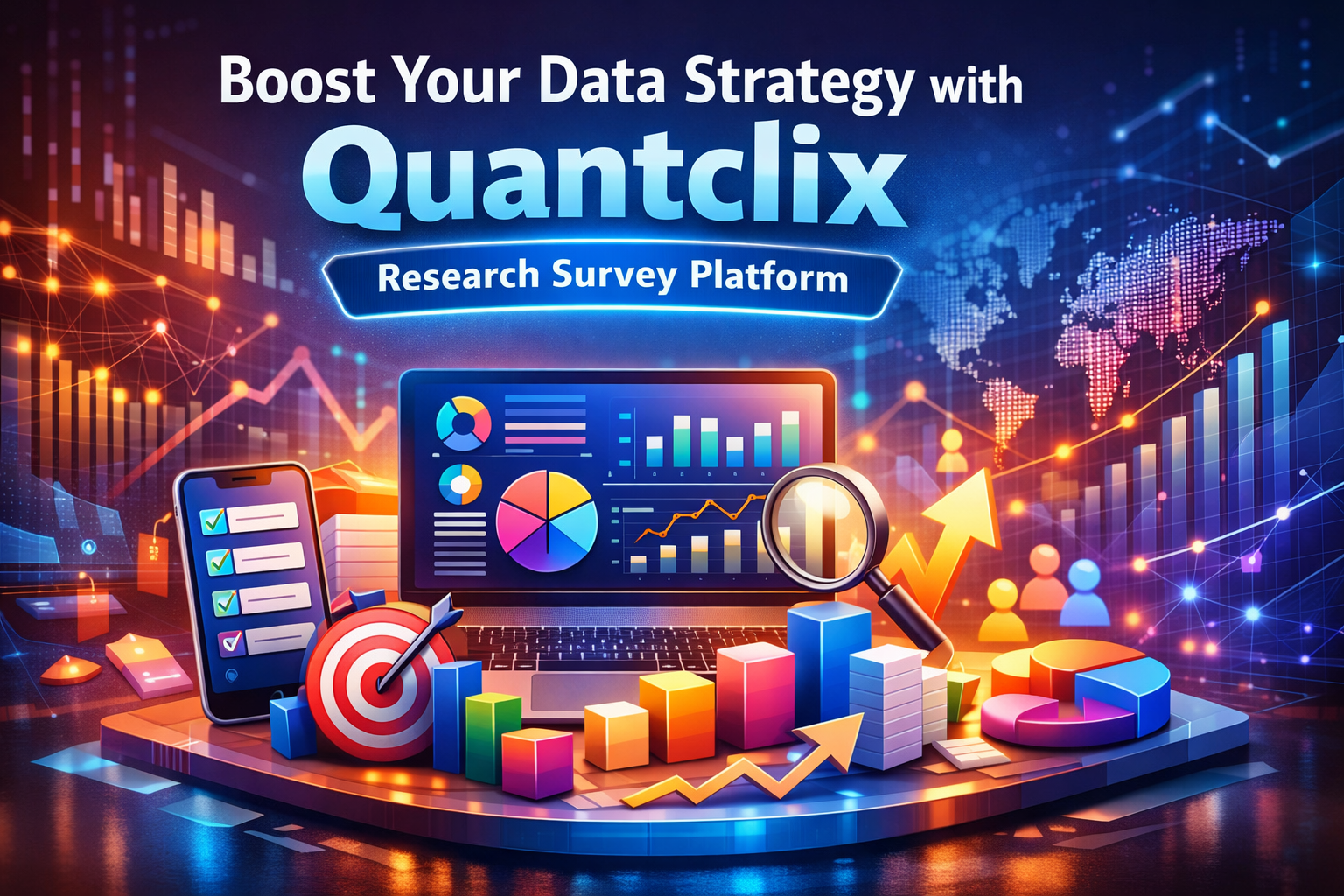 Quantclix research survey platform dashboard with analytics charts, data visualization, and business growth insights