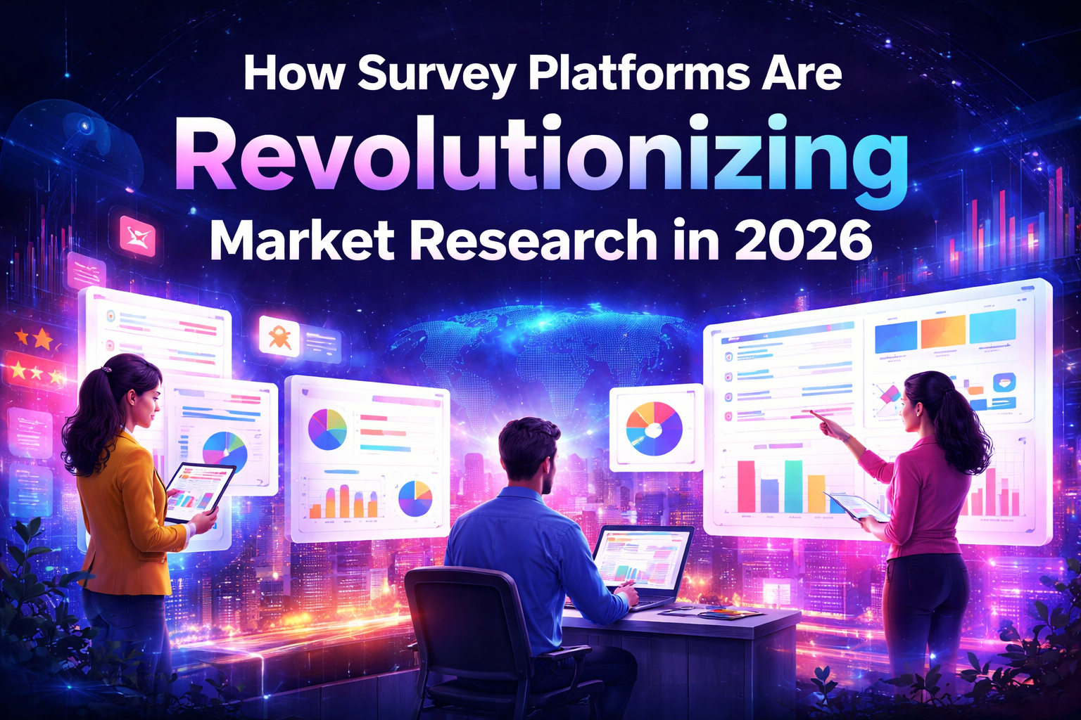 Futuristic illustration of survey platforms analyzing data with digital dashboards and analytics, representing the future of market research in 2026