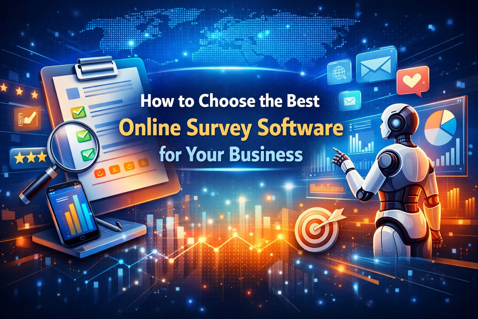 Online survey software illustration showing digital analytics, AI technology, and business insights dashboard