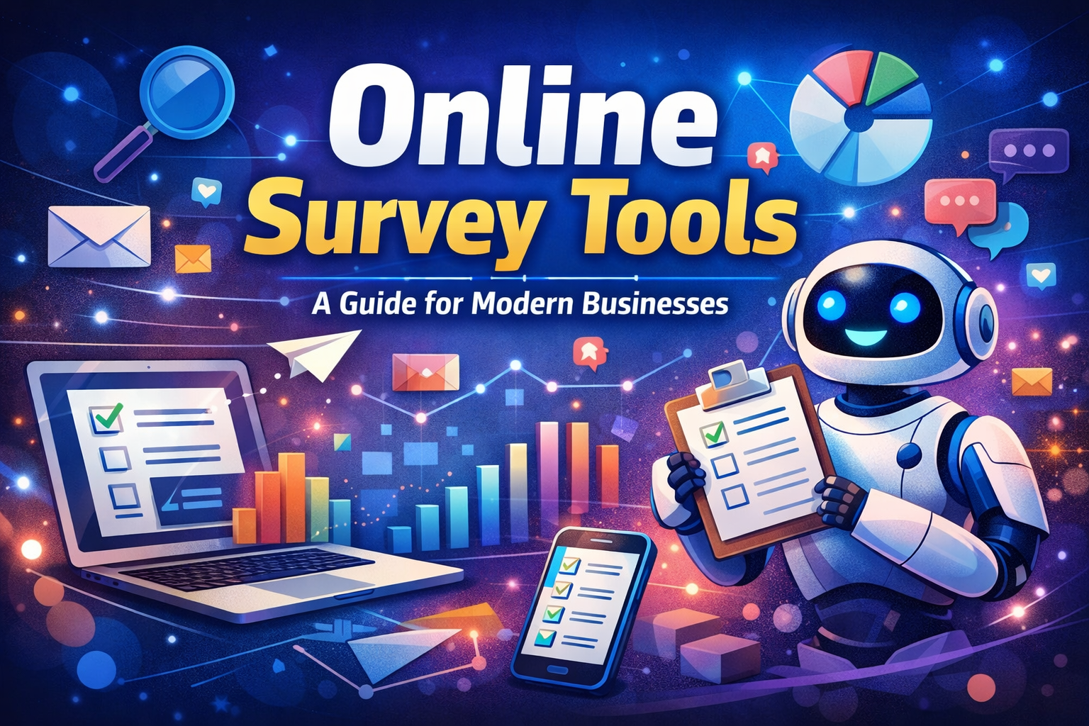 Online survey tools illustration featuring AI-powered survey automation, digital questionnaire forms, analytics dashboard, and data-driven research workflow