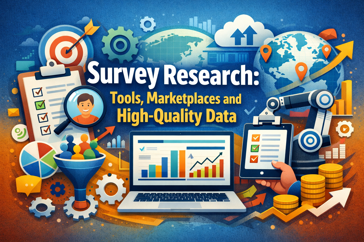 Survey research illustration showing tools, marketplaces, and high-quality data with analytics dashboard and global insights
