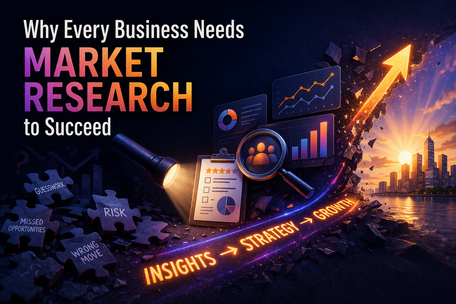 Creative illustration showing market research process with customer insights, competitor analysis, and business growth strategy