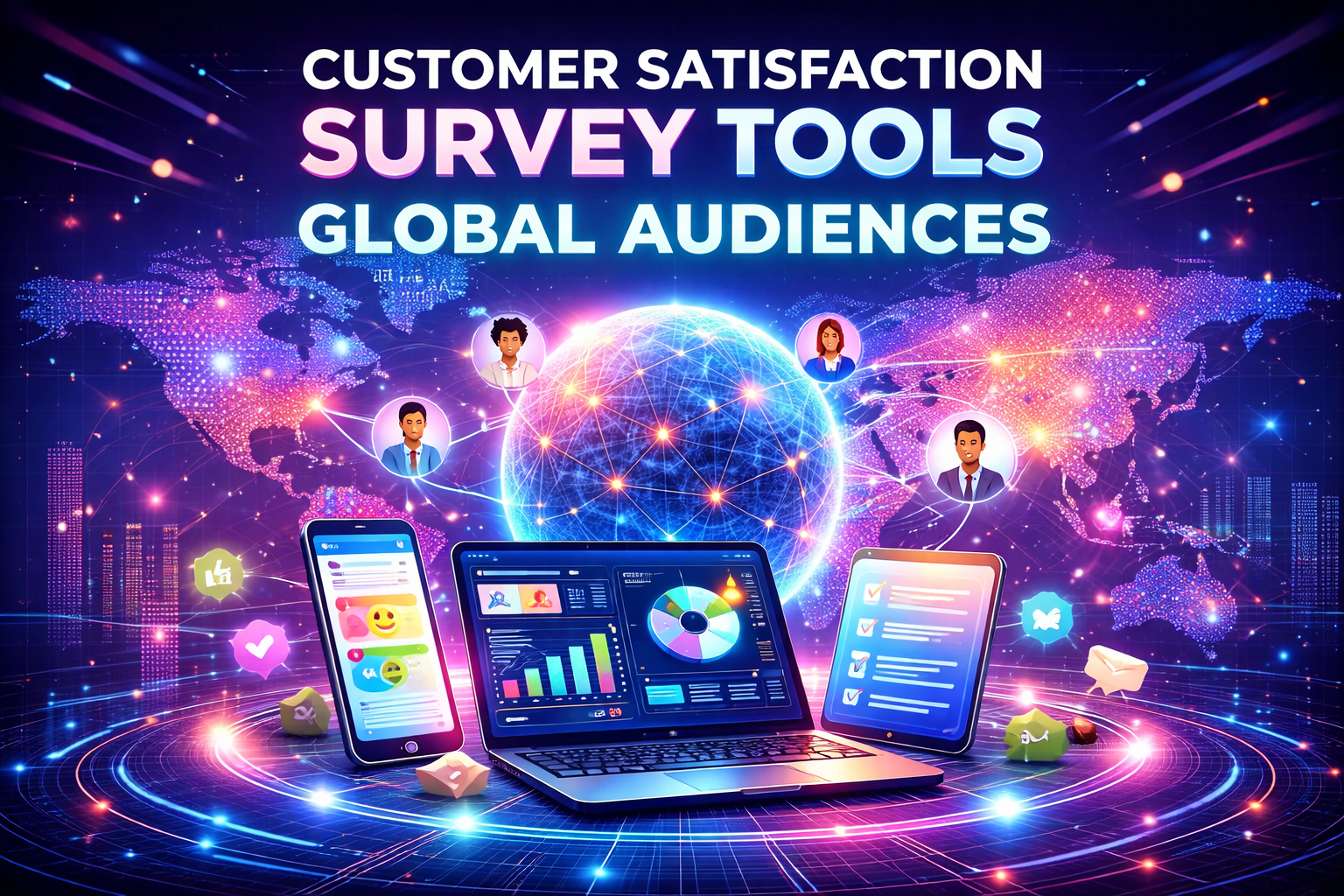 Customer satisfaction survey tools illustration showing global audience reach, digital dashboards, and real-time data insights
