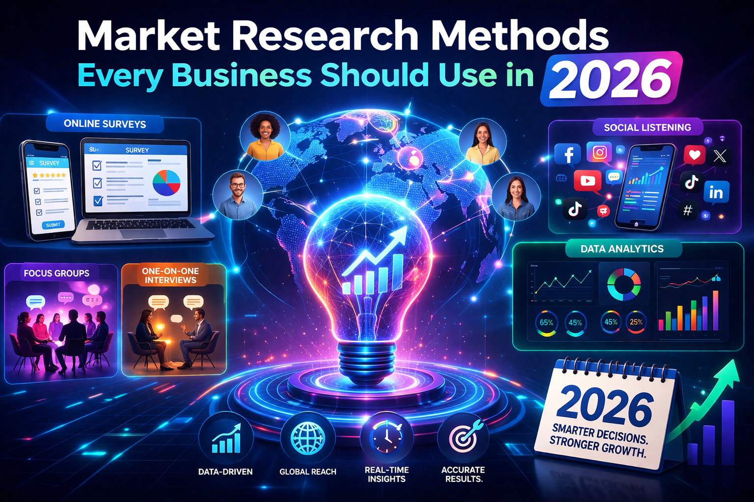 Market research methods illustration showing digital analytics, global audience insights, and modern data-driven strategies in 2026
